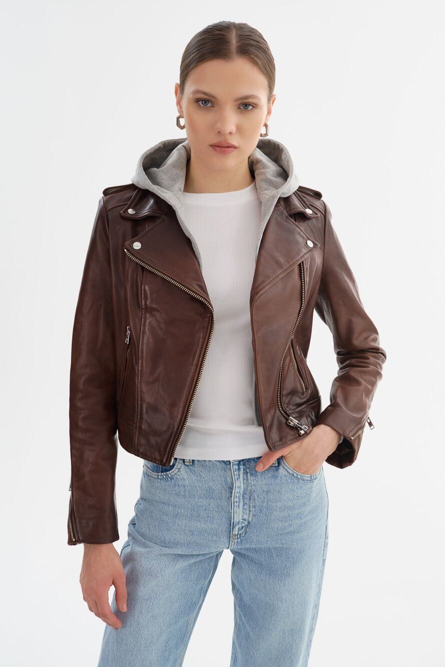 LAMARQUE HOLY Leather Biker Jacket with Removable Hood